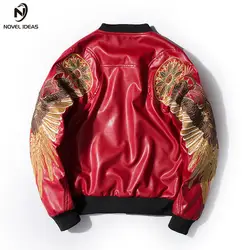 Новые идеи кожаная куртка Вышивка золотые крылья PU Для мужчин куртка ма-1 Стенд воротник модная верхняя одежда Для мужчин пальто Курточка