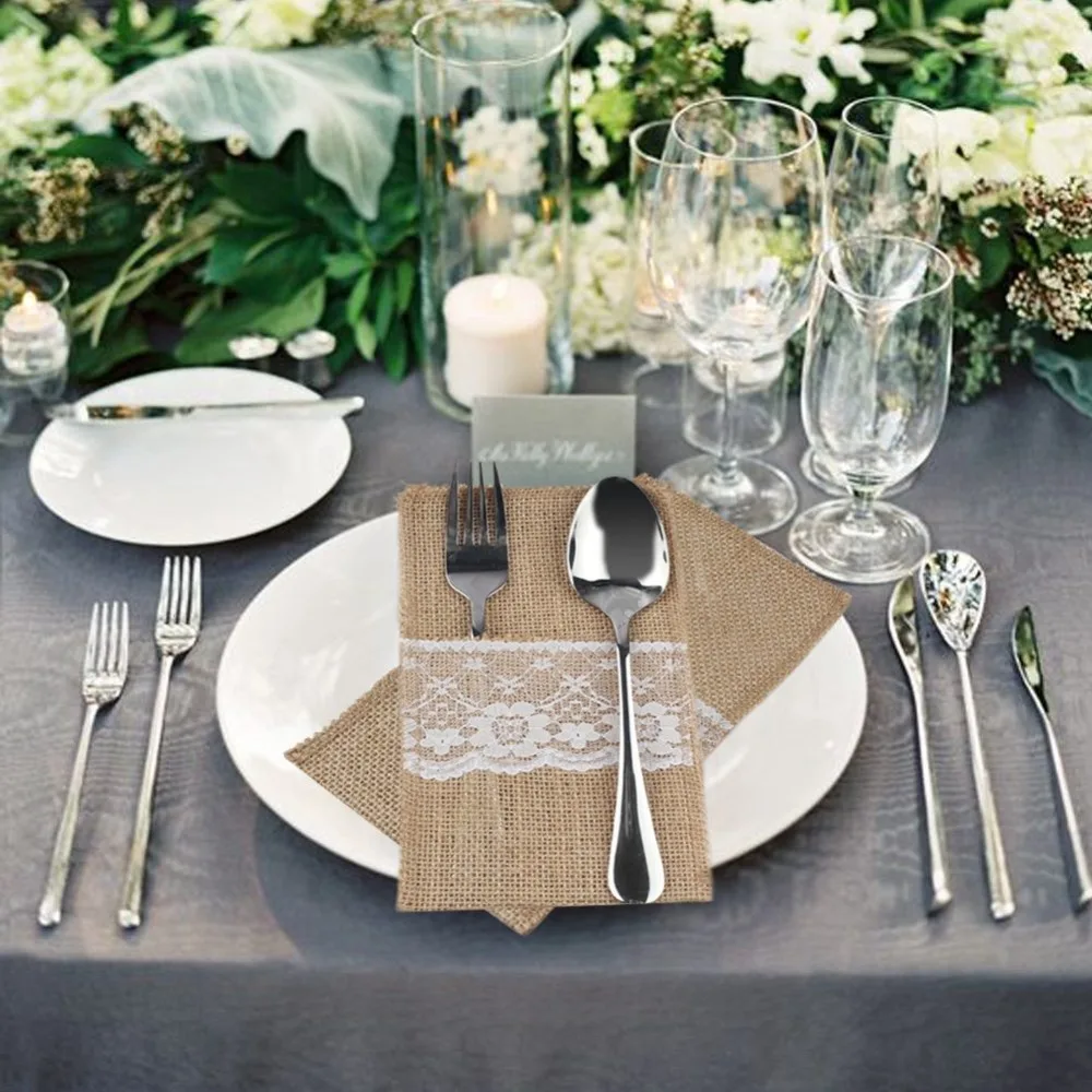 

OurWarm 10pcs Burlap Lace Fork Knife Holder Disposable Party Tableware Pouch 11x21cm Wedding Disposable Tableware