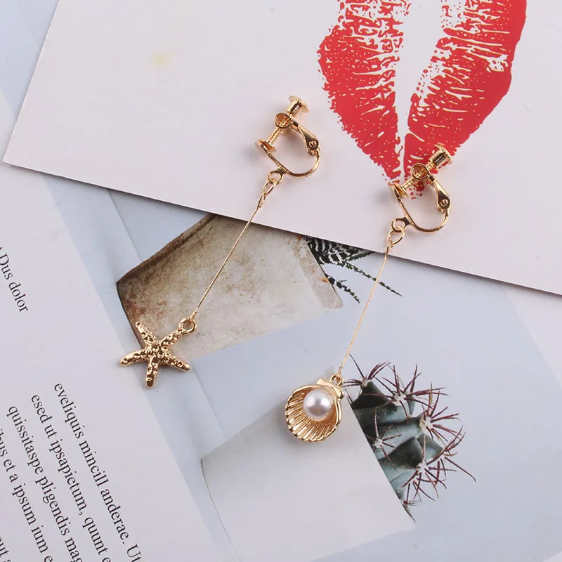 

JIOFREE Korea Style starfish shell shape Geometric asymmetry pearl Clip on Earring No Pierced for Women Party Charm Earrings