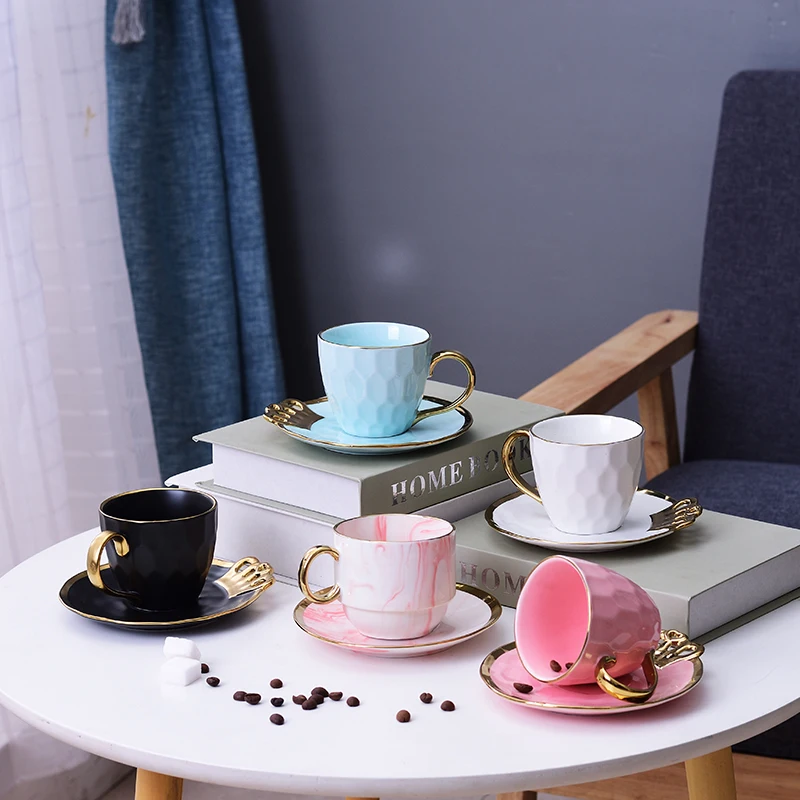

Nordic Ceramic Coffee Cup Simple Creative Gold Side Coffee Cup Set with Dish Home Cafe Office Cup Fun Gifts Dropshipping