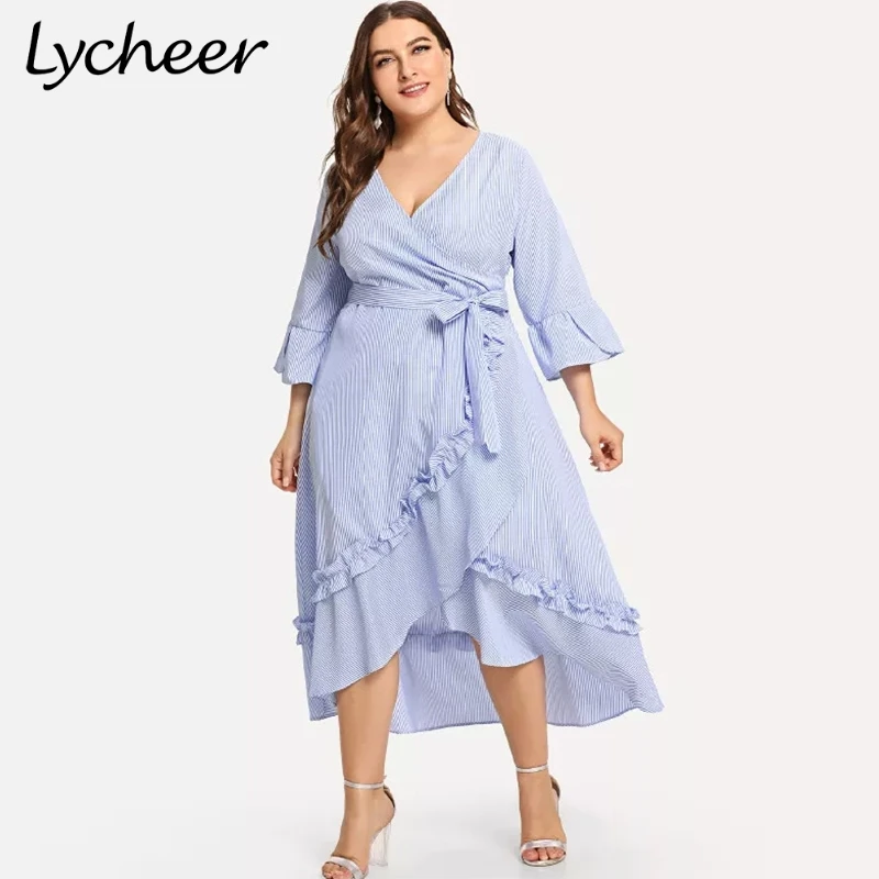 Lycheer Plus асимметричное платье рубашка в полоску платья с поясом повседневные