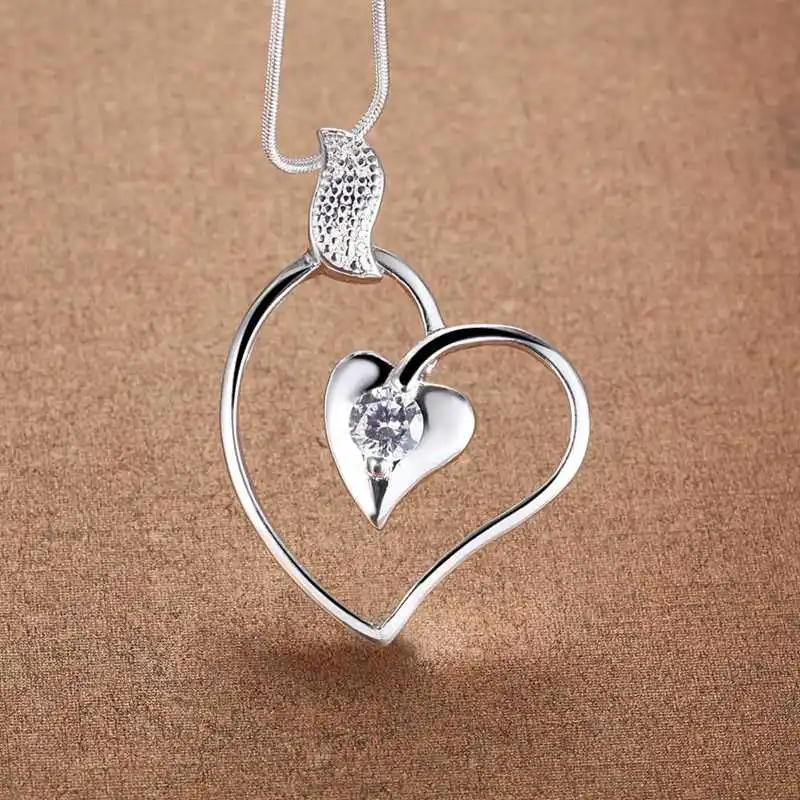 Серебряные ювелирные изделия прекрасный романтический ожерелье Двойное сердце для влюбленных AN159