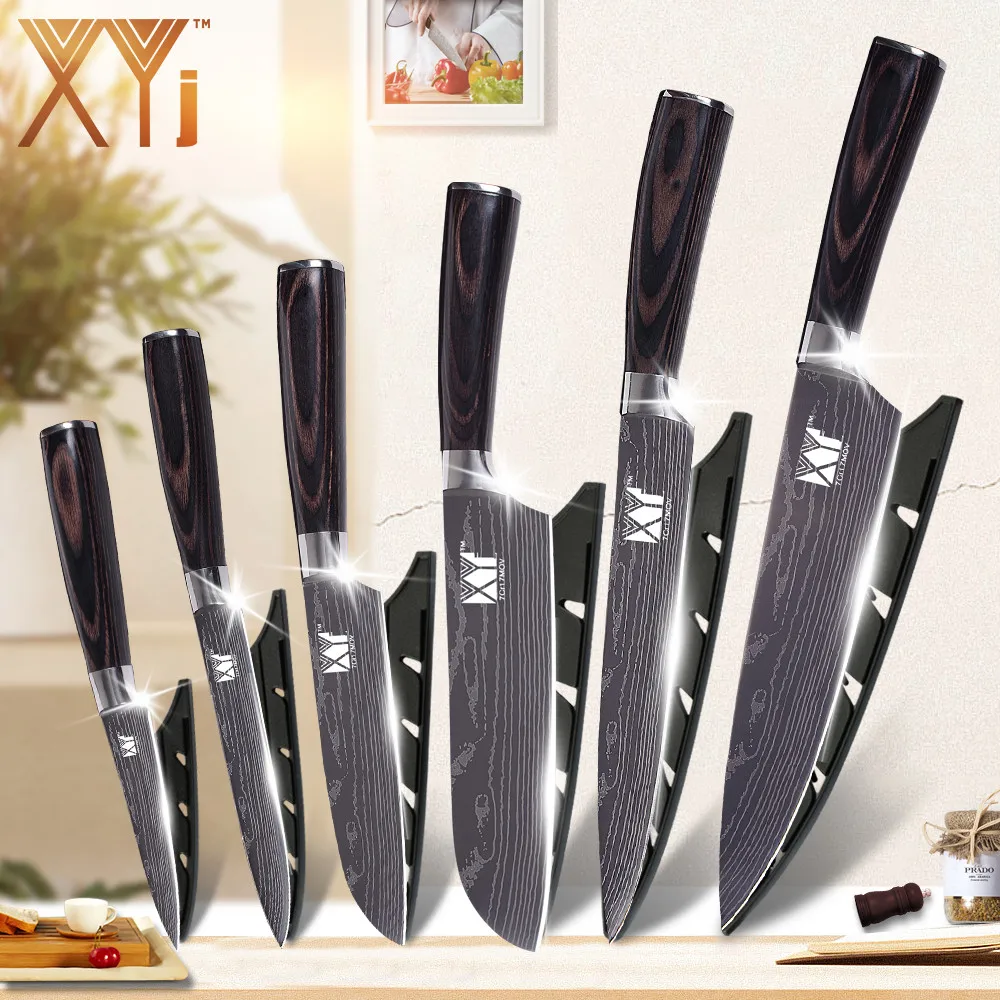 

XYj Kitchen Knives 7CR17 Stainless Steel Fruit Utility Santoku Chef Knife Imitation Damascus Pattern Blade Kitchen Knife Covers