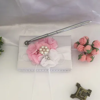 

White Satin Flower Wedding Guest Book Signing Pen Set with Sweet Ribbon Beads UD88