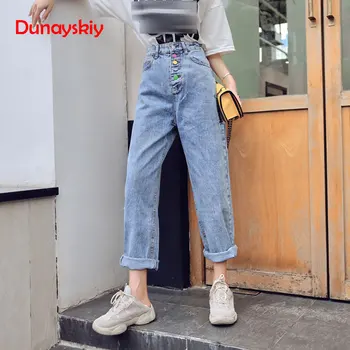 

Shredded Hole Jeans Female Ankle Length Buttons High Waist Loose Harem Pants Jeans Women Casual Denim Trousers 2020 New S-2XL