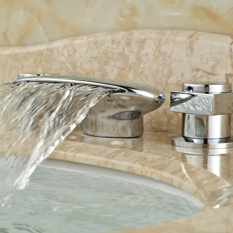 Luxury Bathroom Sink Waterfall Mixer Faucet Dual Handle Widespread Brass Hot and Cold Tap for Washbasin Chrome Finished