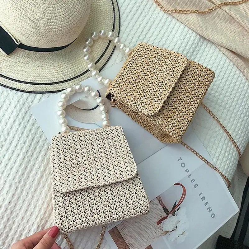 

New Straw Bags Women Summer Rattan Bag Handmade Woven Beach Cross Body Bag Faux Pearl Bohemia Handbag