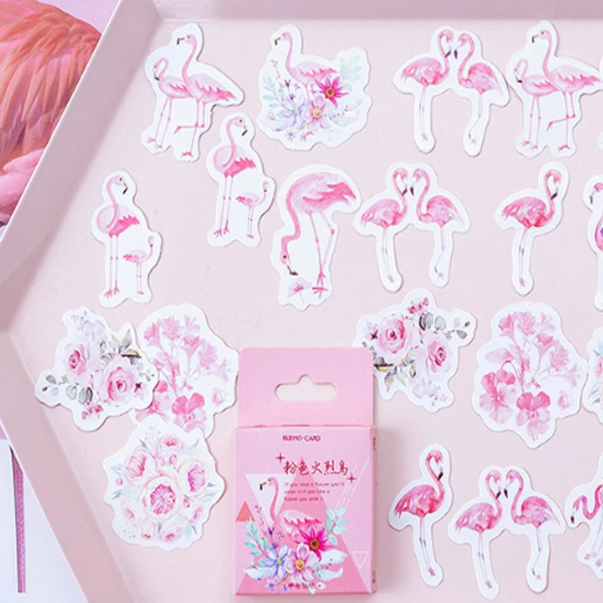 

45pcs/pack Kawaii Pink Flamingo Boxed Set Decorative Sticker DIY Adhesive Label Scrapbook Sticky Bookmark Stationery