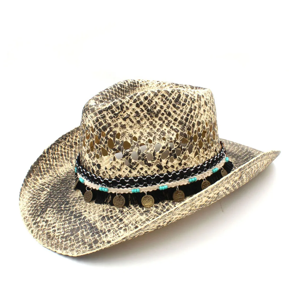 9 Women Men Straw Western Cowboy Hat Handmade Weave Lady Dad Sombrero Hombre Cowgirl Jazz Caps Bohemian Tassel Band Size 56-58CM