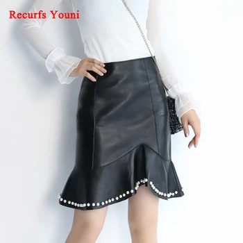 

RYS8353 Winter 2018 Women Genuine Leather Pearl Rivet Beads Fishtail Mini Skirt Mujer Restored Elegant Faldas Party Midi Saias