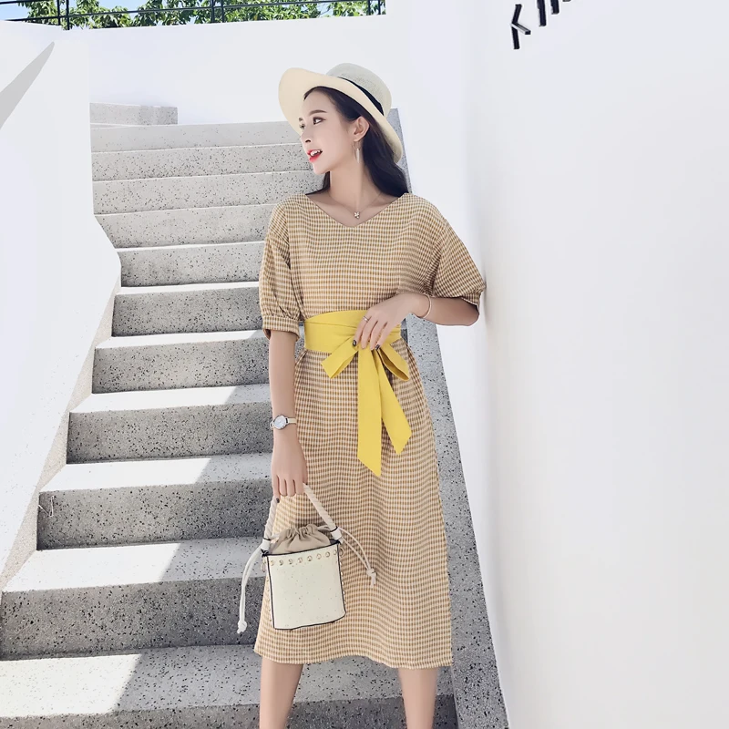 

Women plaid dress 2019 spring summer fashion female elegant vintage v-neck lace up casual short sleeve a-line dresses lady