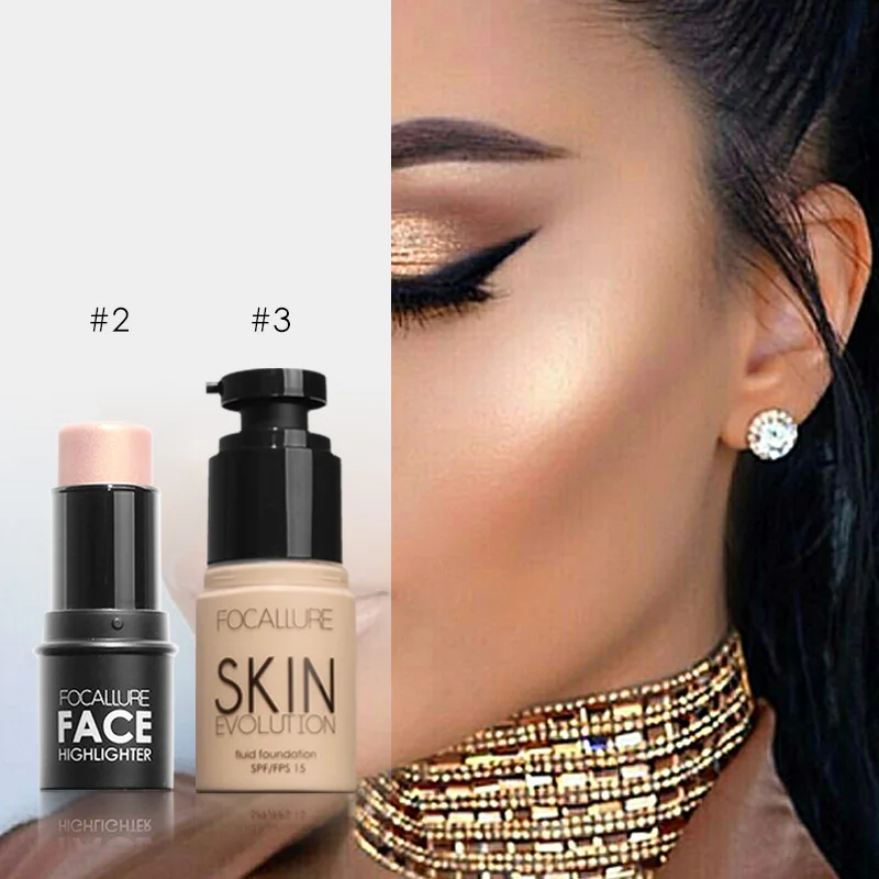 

Focallure face Makeup Set Face Foundation base make up & Bling Highlighter stick Water-proof Silver Shimmer Light cosmetic set
