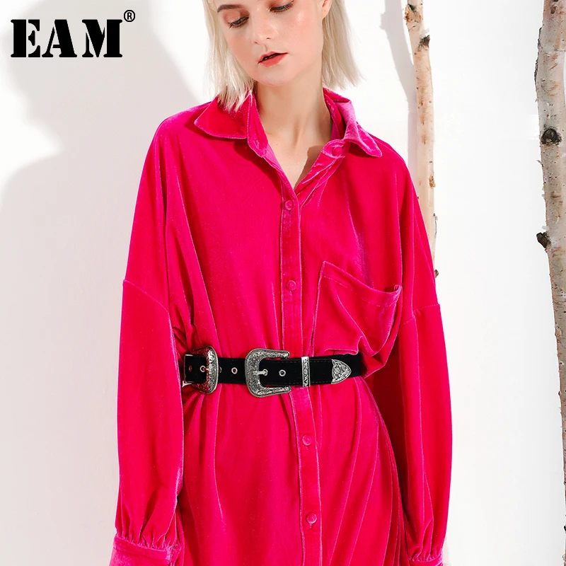 

[EAM] 2019 New Autumn Winter Lapel Long Sleeve Rose Red Velvet Loose Brief Long Shirt Dress With Belt Women Fashion Tide JK576