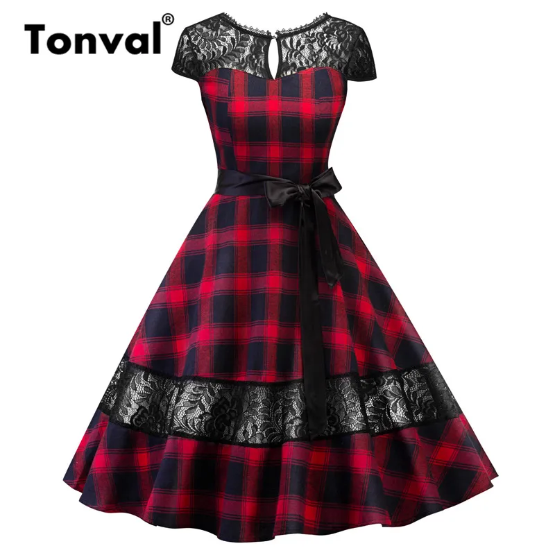 

Tonval Red Plaid Vintage Contrast Lace Summer Dress Women Cap Sleeve Gingham Dresses Backless Elegant Party Retro Dress