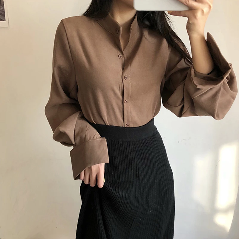 Najtaniej Kołnierz stójka w stylu vintage bluzka z rękawami kloszowymi koszula damska pojedyncze piersi solidne bluzki retro koszule femme koszulka 2018