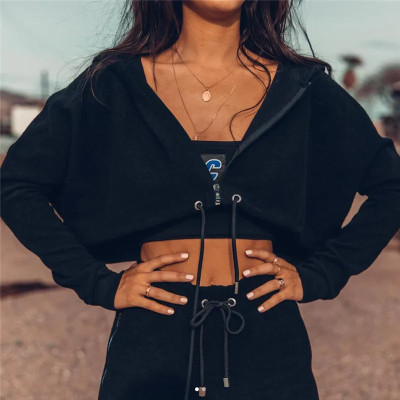 

women casual zipper fly zip up cropped hoodie shirt Hip Hop jumper female crop Darkness Solid sweatshirt polerones streetwear