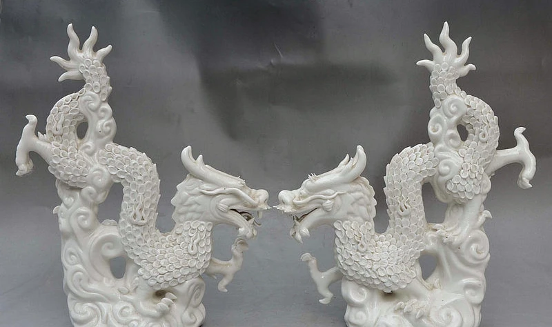 

11" China Royal White Porcelain Auspicious Wealth Handstand Dragon Statue Pair