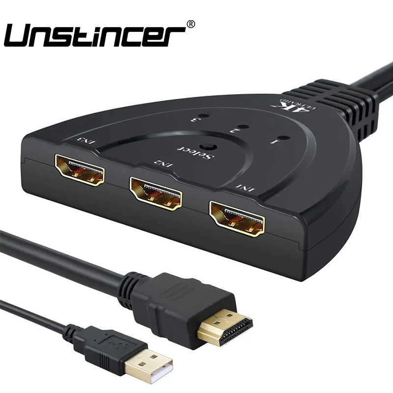 UNSTINCER HDMI Hub 3 Port 1080P 3D HDMI Switcher Switch Splitter 3x1 with Cable for PC