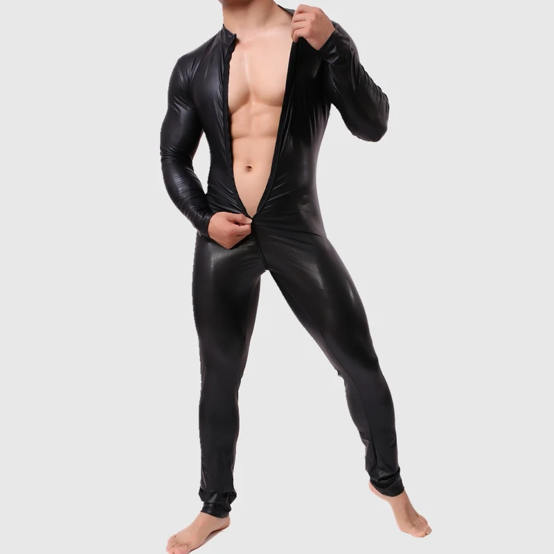 New-Cool-Sexy-Men-s-One-Piece-Skinny-Underwear-Zipper-Piece-Suit-Leather-Bodybuilding-Suit-Bodysuits