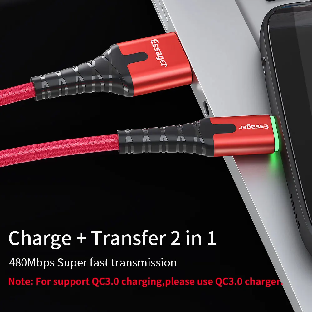 Essager 3A usb type C светодиодный кабель для samsung S9 S8 One plus 6t Xiaomi huawei, кабель для быстрой зарядки, USB C type-c, шнур для зарядки и передачи данных