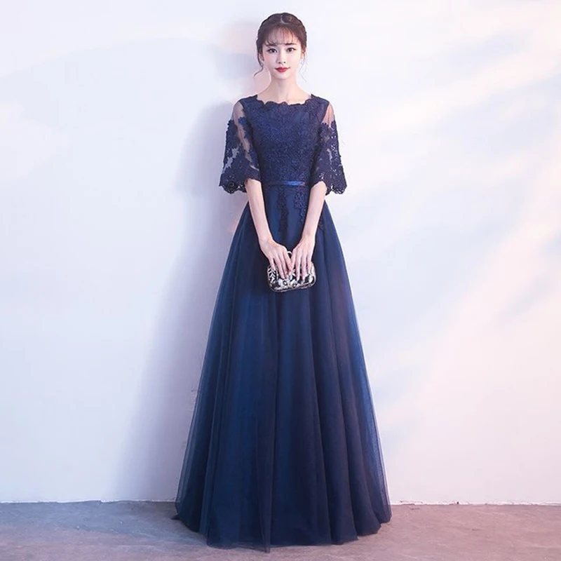 

Navyblue Lace Banquet Evening Long Dress 2019 Brand New Half Sleeve Dresses Elegant Princess Slim Long Vintage Style