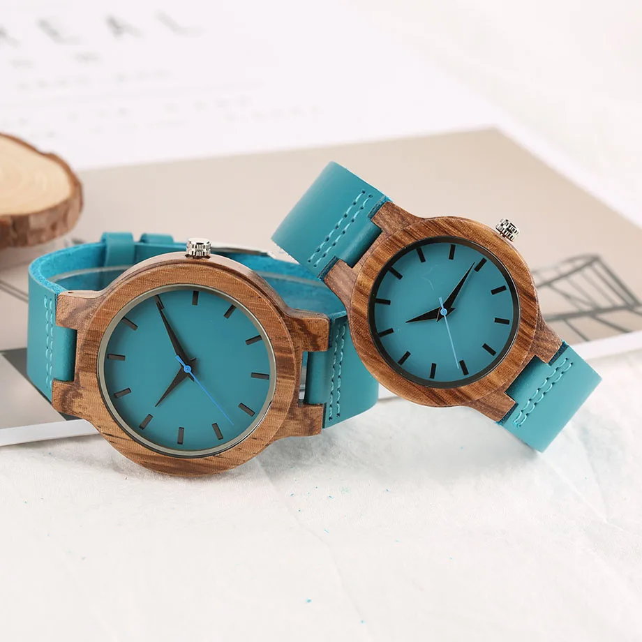 Lover Wood Watch Black Hour Hand Bracelet Minimalist Bamboo Dial Blue Quartz Genuine Leather Wristwatch Couple Anniversary Gift (9)