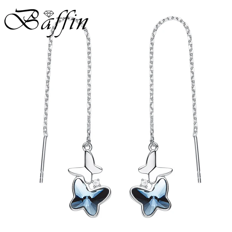 

BAFFIN Blue Crystals From SWAROVSKI Long Chain Hanging Earrings S925 Silver Butterfly Piercing For Women Romantic Fine Jewelry