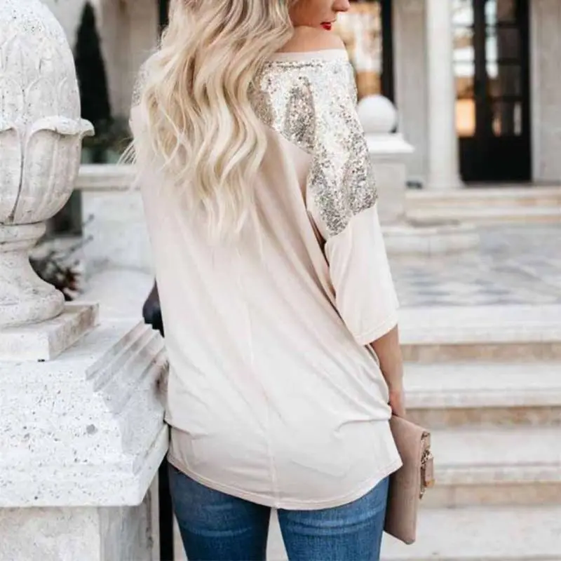 Women Summer Loose Sparkly Sequins Pocket Patched Casual Off Shoulder T-Shirt Top Party Tee Shirt Tops Women Summer Loose Sparkly Sequins Pocket Patched Casual Off Shoulder T-Shirt Top Party Tee Shirt Tops