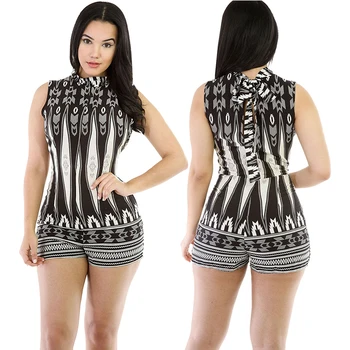 

Wantmove 2019 new summer women jumpsuit fashion sexy print hanging neck lace up sleeveless club straight short jumpsuit WM766