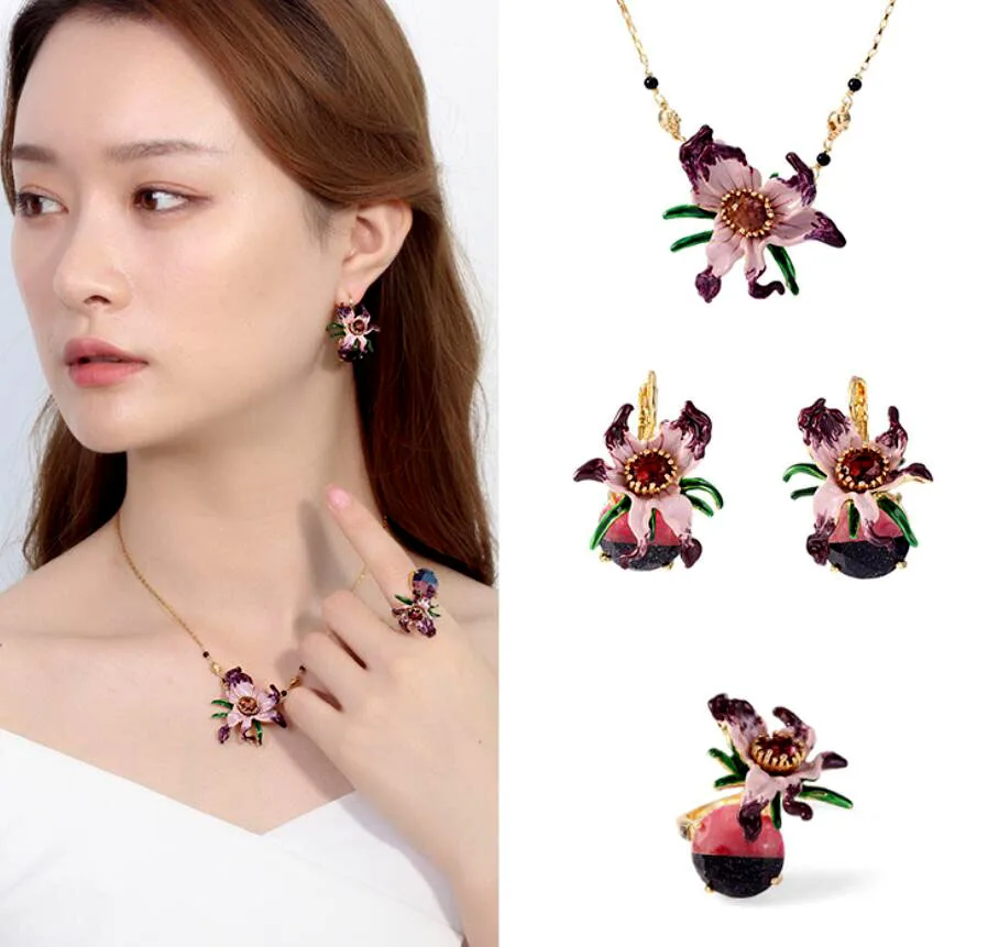 

CSxjd 2018 New Handmade Enamel glaze Gradient purple flower gem personality necklaces earrings Jewelry set