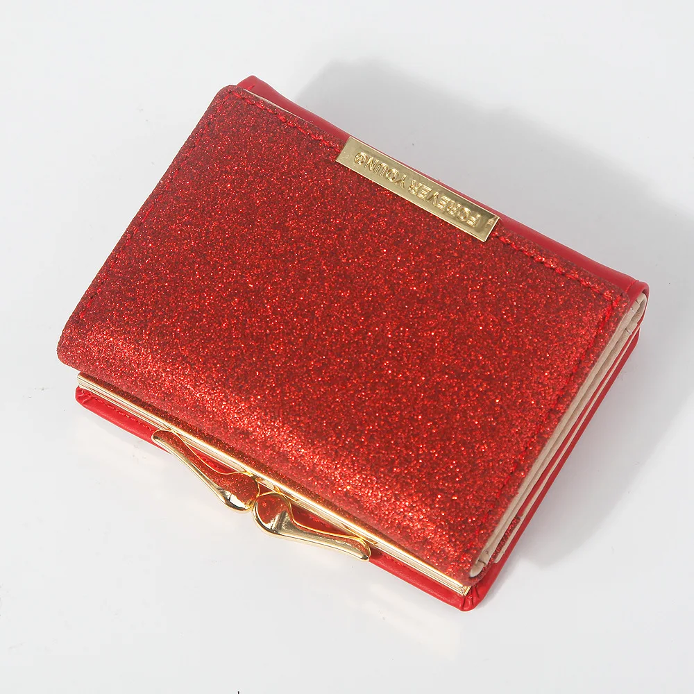 

Fashion Sequin Short Wallet Women Glitter Trifold Card Holders Wallet Ladies Kiss Lock Coin Purse Small Clutch Wallets Female