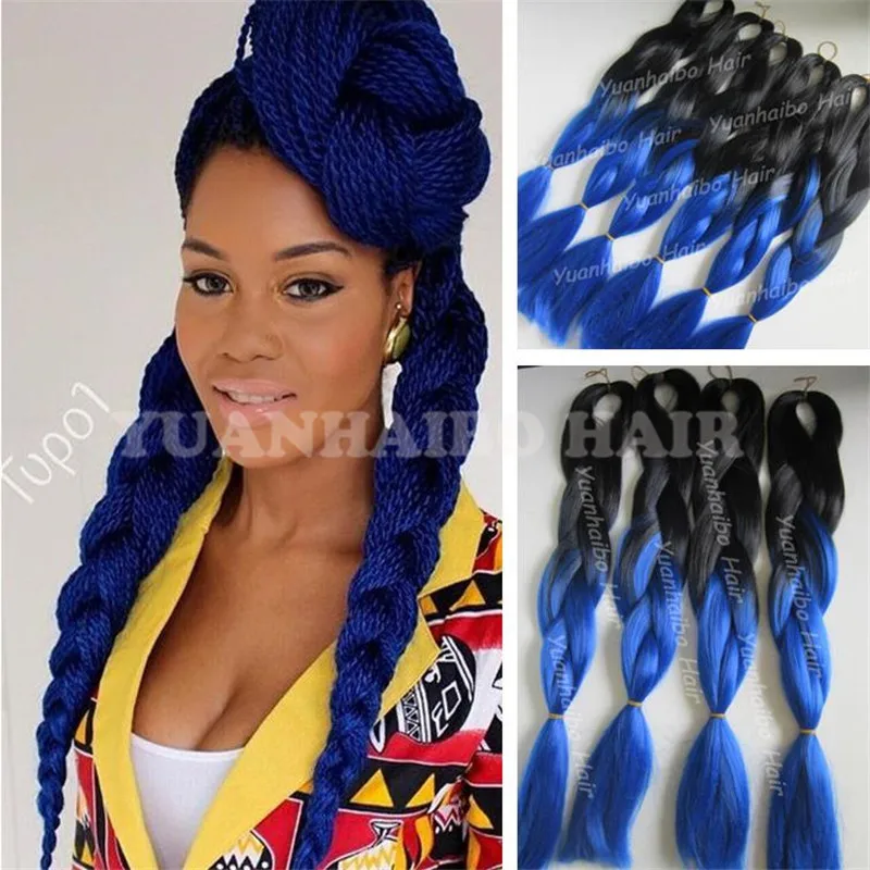 Cheap Price 20 Folded Two Tone Black Blue Synthetic Braiding Hair