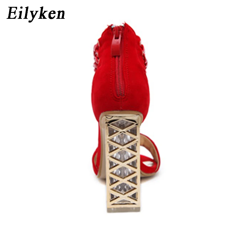 Eilyken/женские босоножки; пикантные плетеные босоножки на высоком каблуке с заклепками и кристаллами; красные женские Босоножки с открытым носком для свадебной вечеринки