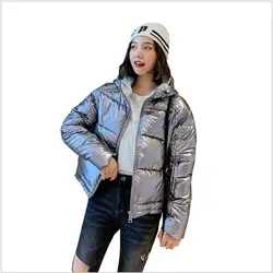 Новая зимняя куртка Женская Блестящая куртка с капюшоном короткая хлопковая стеганая куртка Повседневная теплая Женская парка модная
