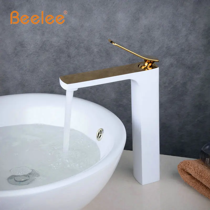 Beelee جديد وصول الحمام صنبور حوض خلاط Torneira Tapware الغرور حوض صنبور الأبيض خبز صنبور مع الذهبي إنهاء الساخن و الماء البارد