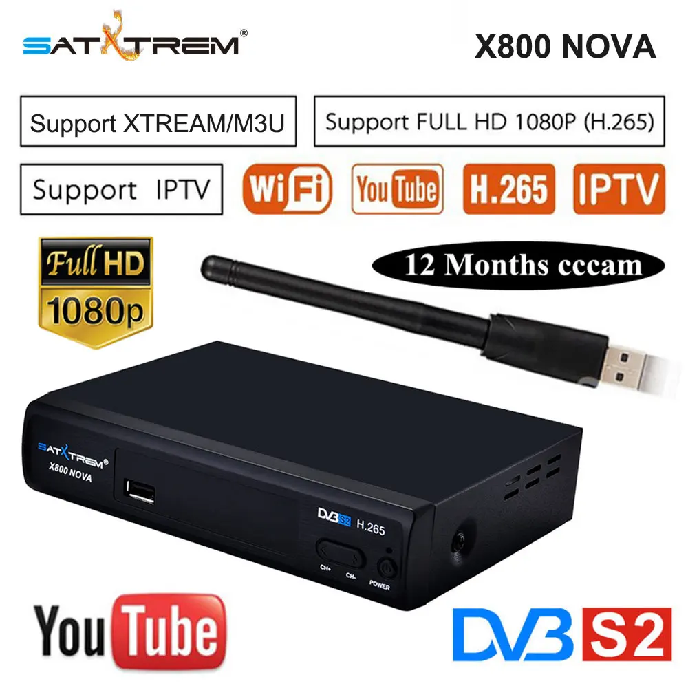 Satxtrem X800 NOVA Receptor DVB-S2 H.265 спутниковый ТВ-ресивер бесплатно 1 год Европа 8 линий Clines+ USB wifi Поддержка IP tv/Youtube