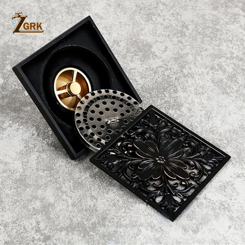 Koop ZGRK Afvoer 10 cm Vierkante Messing Douche Drain Zeef Floor Cover Art Gesneden Balkon Badkamer Bad Accessoires Rooster Afval