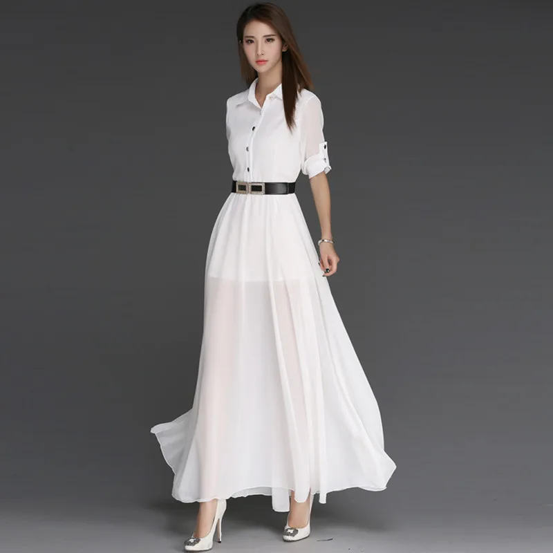 

HANZANGL Spring Summer 2019 Women Dress 3/4 Sleeve Belt Shirt Dress Work Ofice Split Long Maxi Dress Vestidos white/black