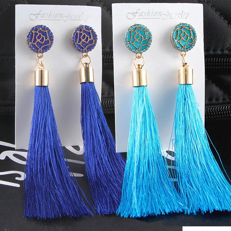 Bohemian Crystal Tassel Earrings Silk Fabric Exaggerated Rose Flower