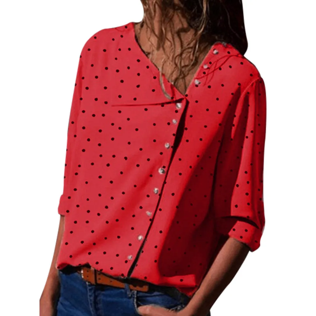 Модная офисная рубашка в горошек, модная женская блузка на пуговицах с отложным воротником, летняя Свободная Повседневная блуза с длинным рукавом, Топ - Цвет: Красный