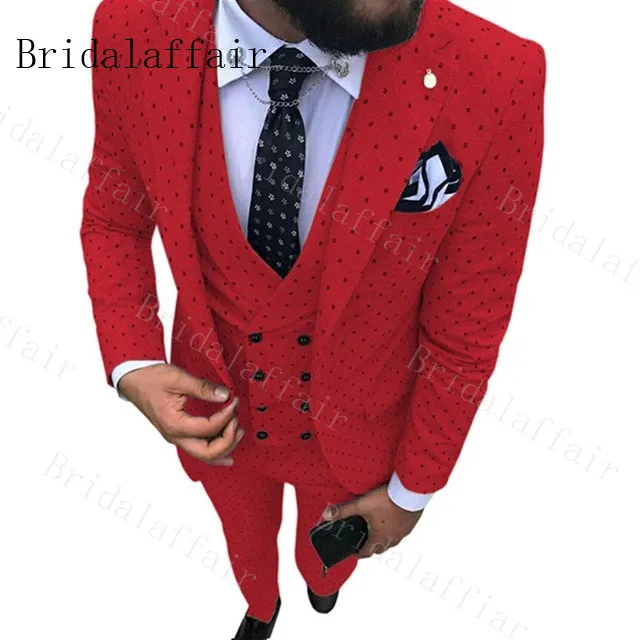 Мужские костюмы Bridalaffair красные в горошек из трех предметов повседневные офисные