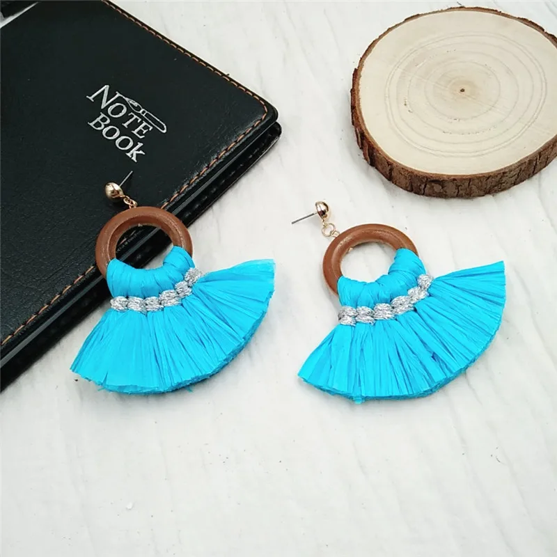 Handmade Exaggeration Fashion Braided Lafite Weaving Tassel Big Earrings Bohemian Style Wedding Party Jewelry Gift ET55 (1)