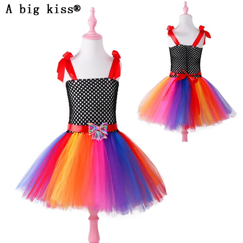 

Christmas new girls color bow rainbow dress children princess dress mesh tutu evening dress