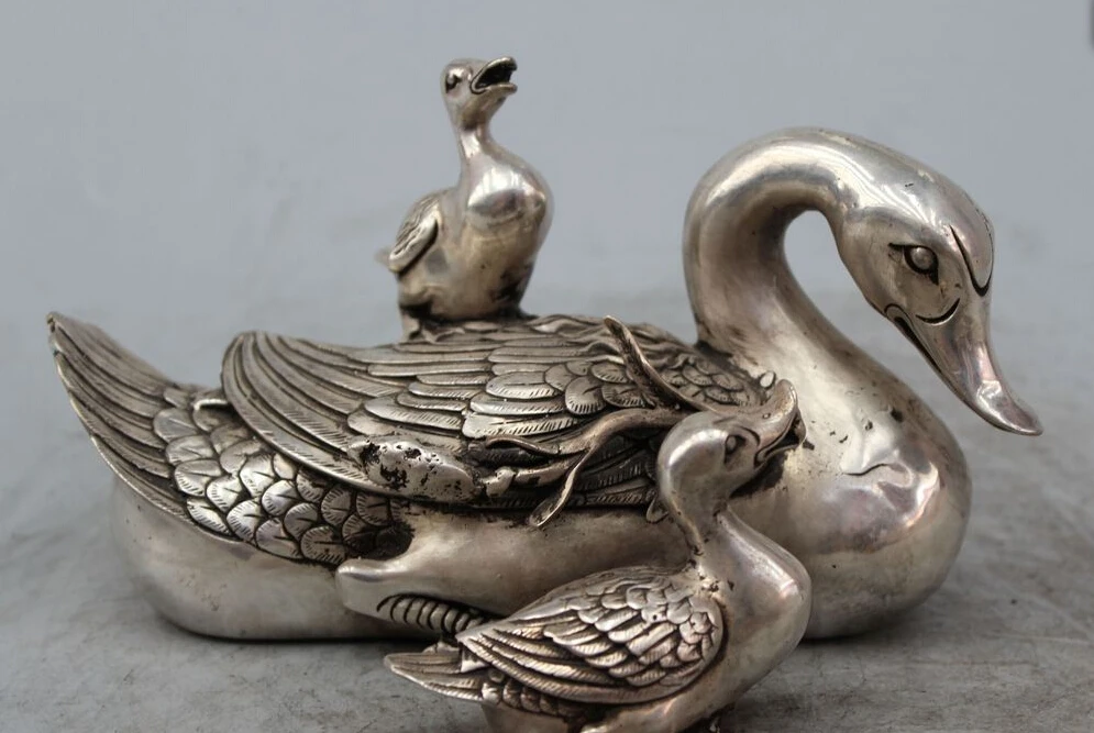 

8" China Folk Silver Animal Duck Swan Cygnus Family Qucker Art Statue Sculpture
