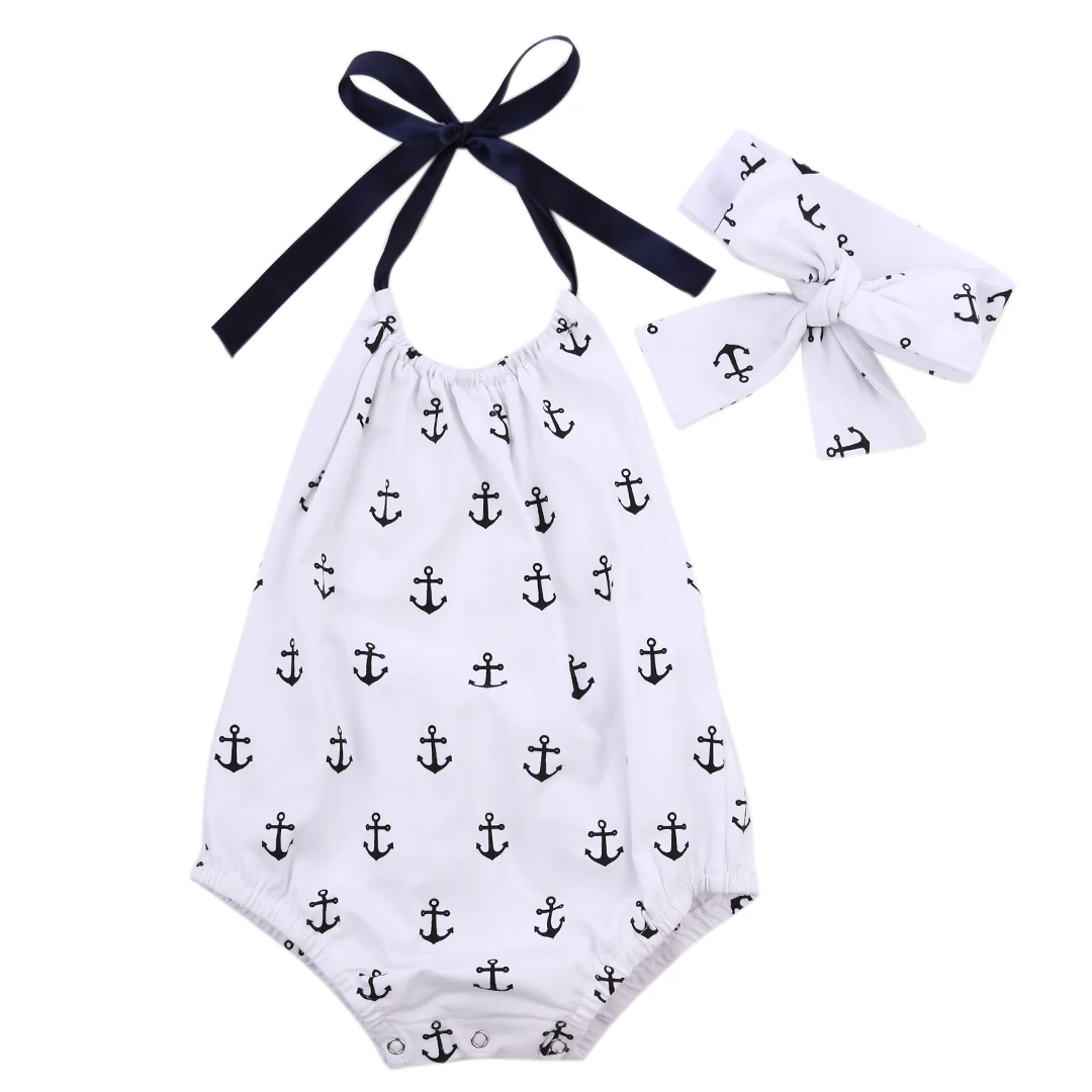 

2017 Infant Kids Baby Girls Bodysuit Anchor White Cotton Jumpsuit Outfits Sunsuit Clothes Size 0-24M