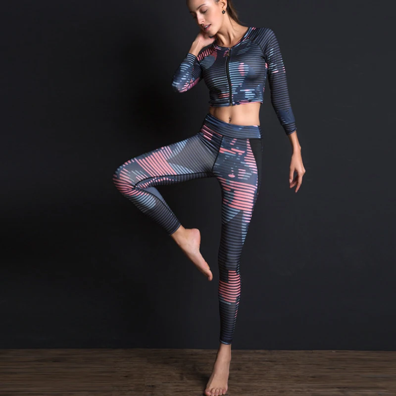 

New Sportswear Ladies Suit Four-piece Printing Sports Fitness Clothes Jacket Long-sleeved zipper Women's Clothing Yoga Set