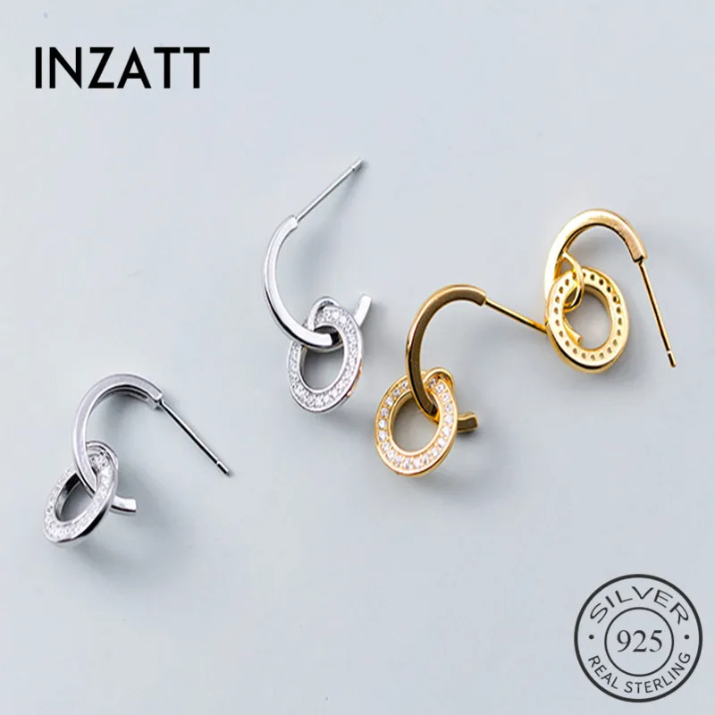 

INZATT Real 925 Sterling Silver Geometric Zircon Round Stud Earrings For Elegant Women Fine Jewelry Cute Accessories Gift