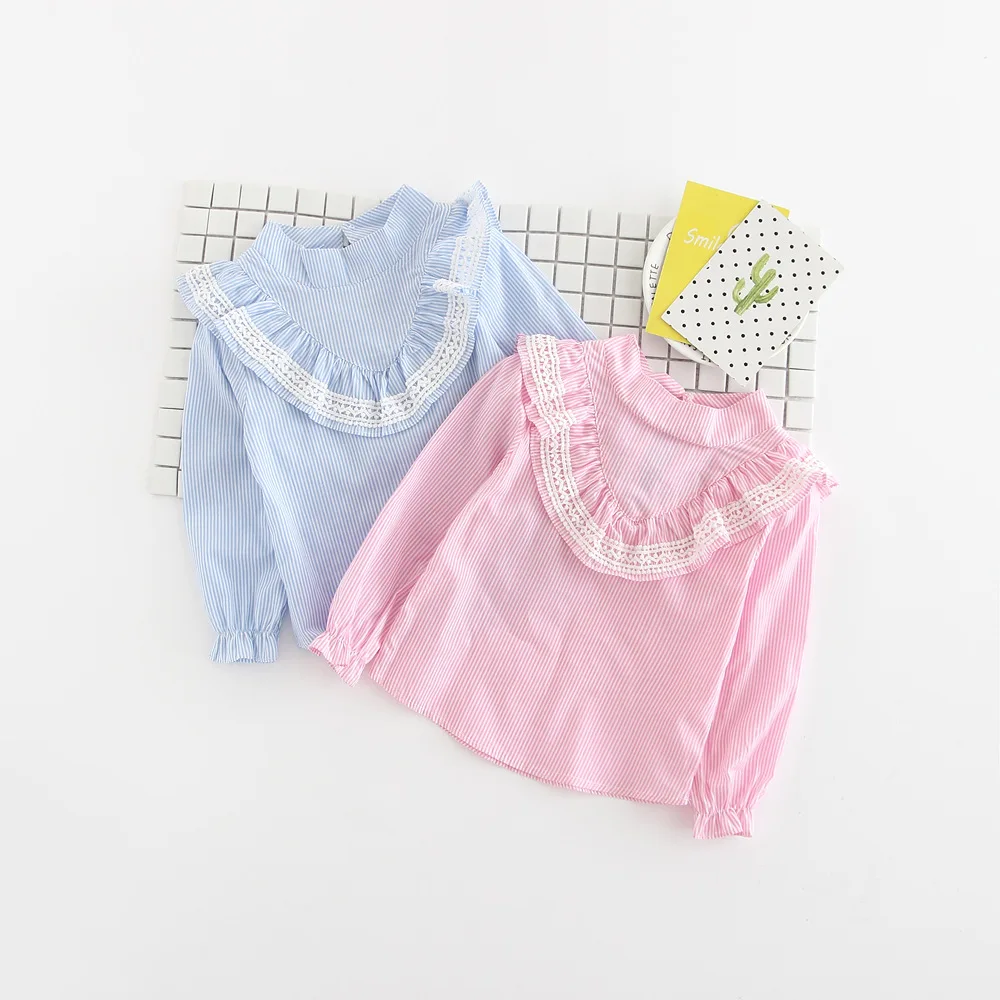 

2019 New Spring Item Girl Stripe Shirt With V Lace Design