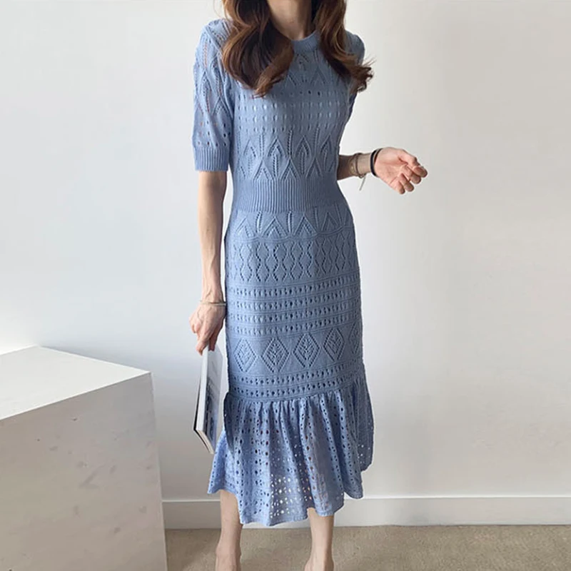 SHENGPALAE, новинка весны, вязанное платье с круглым воротником и коротким рукавом, корейское модное женское платье FQ62517