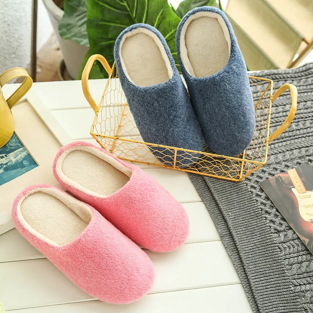 

Soft plush women men slippers plus size 35-42 women indoor home slippers winter warm shoes adult solid black male slippers